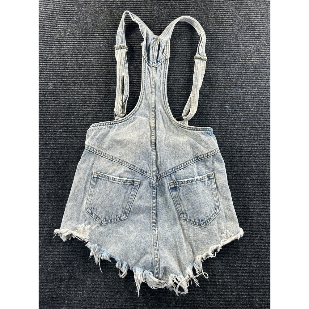 Evenuel Shortalls Women Small Blue Denim Cotton Frayed Hem Distressed Wide Strap - Picture 2 of 6